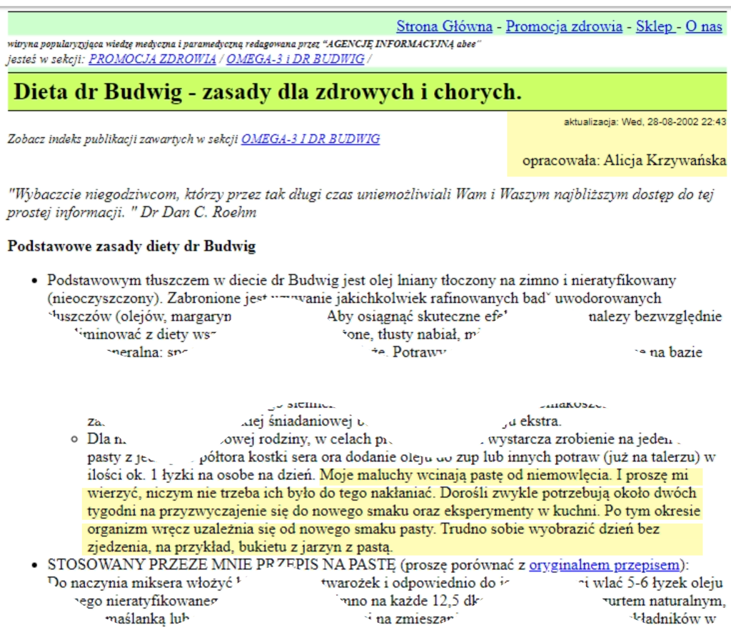 printscreen pierwszych polskich publikacji o diecie dr Budwig