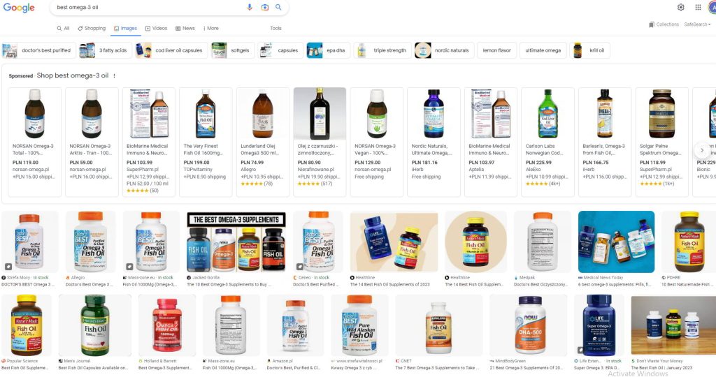 Wynik przeszukiwania stron Google pod kątem frazy" najlepszy olej Omega-3"